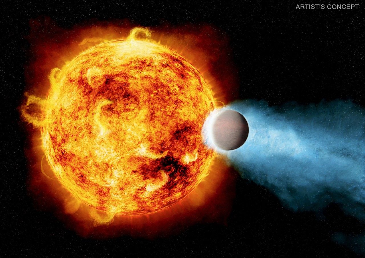 Illustration of X-rays and Other Radiation Eroding the Atmosphere of an Orbiting Planet.